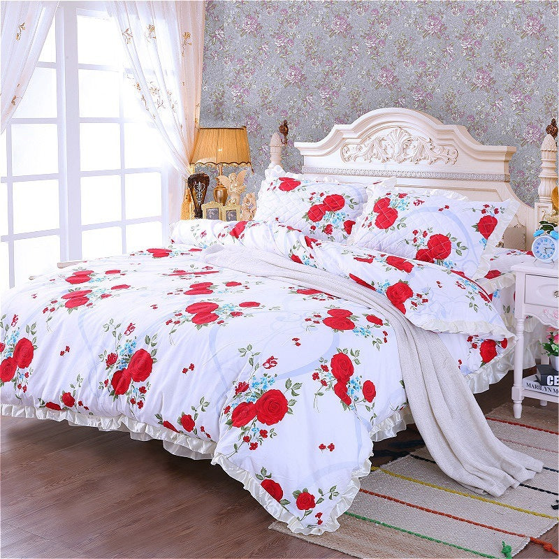 HKM-010323 Thickened Non-Slip Cotton Bed Sheet with Romantic Lace Design