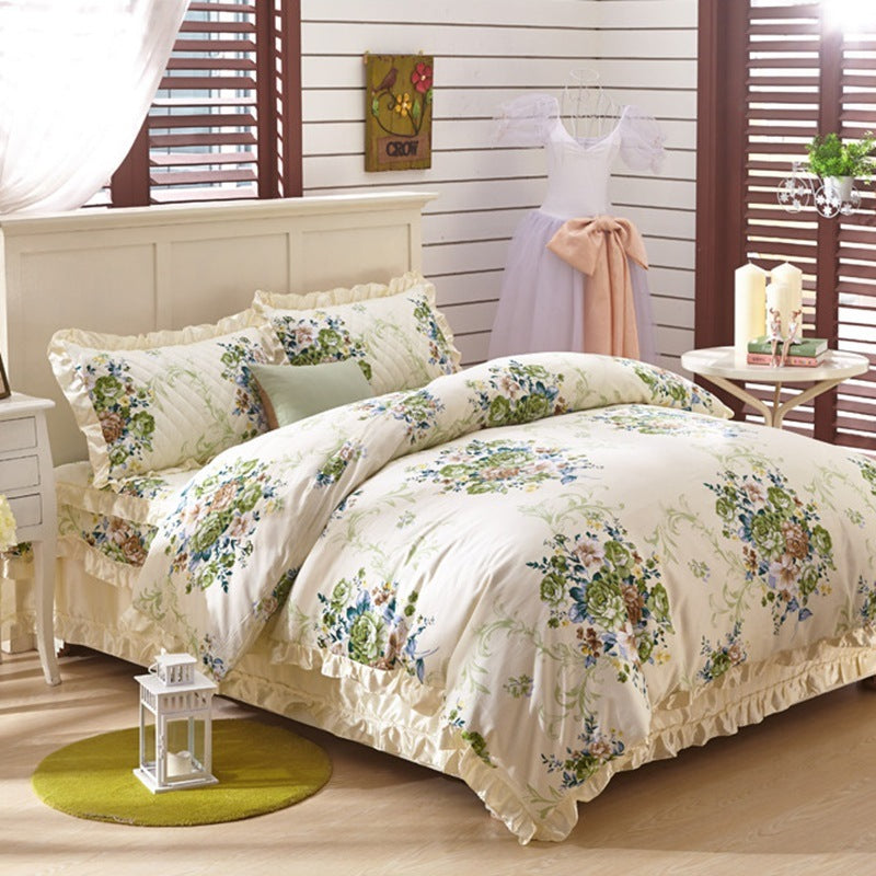 HKM-010323 Thickened Non-Slip Cotton Bed Sheet with Romantic Lace Design