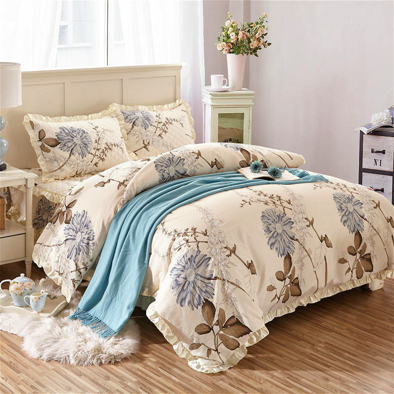 HKM-010323 Thickened Non-Slip Cotton Bed Sheet with Romantic Lace Design