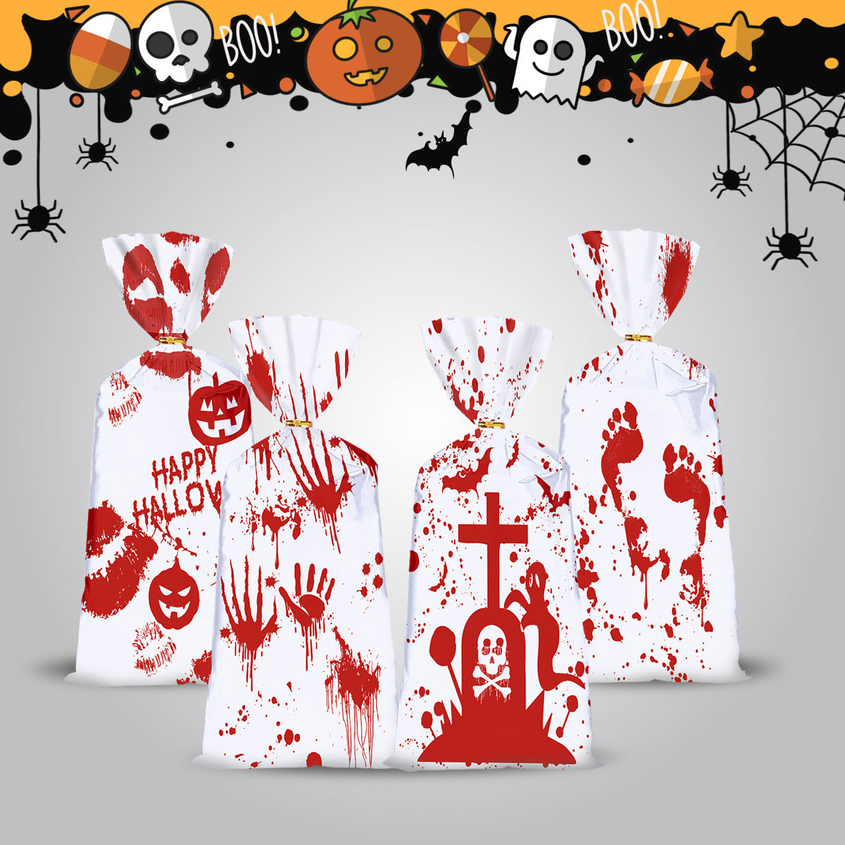 HKM-010963 Halloween Themed Bloody Treat Bags - 50 Pack Cellophane Candy Goodie Bags with Ties for Spooky Parties