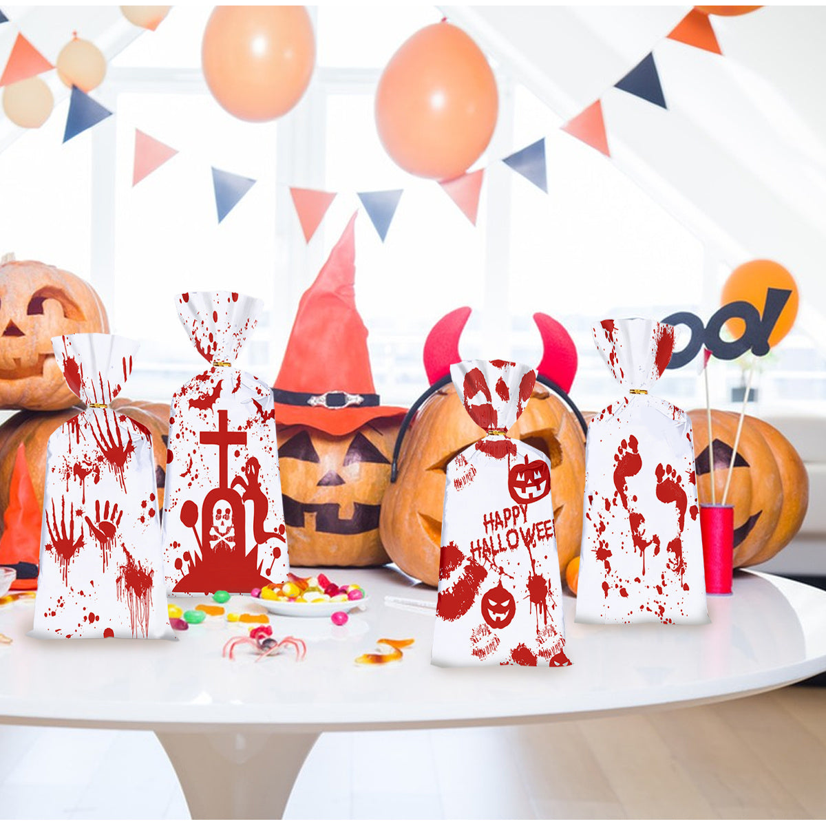 HKM-010963 Halloween Themed Bloody Treat Bags - 50 Pack Cellophane Candy Goodie Bags with Ties for Spooky Parties