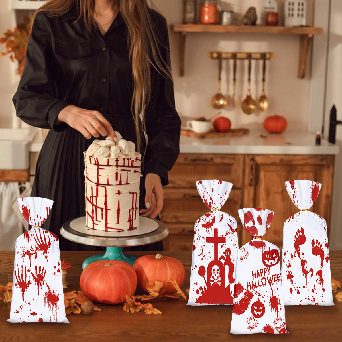 HKM-010963 Halloween Themed Bloody Treat Bags - 50 Pack Cellophane Candy Goodie Bags with Ties for Spooky Parties