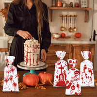 HKM-010963 Halloween Themed Bloody Treat Bags - 50 Pack Cellophane Candy Goodie Bags with Ties for Spooky Parties