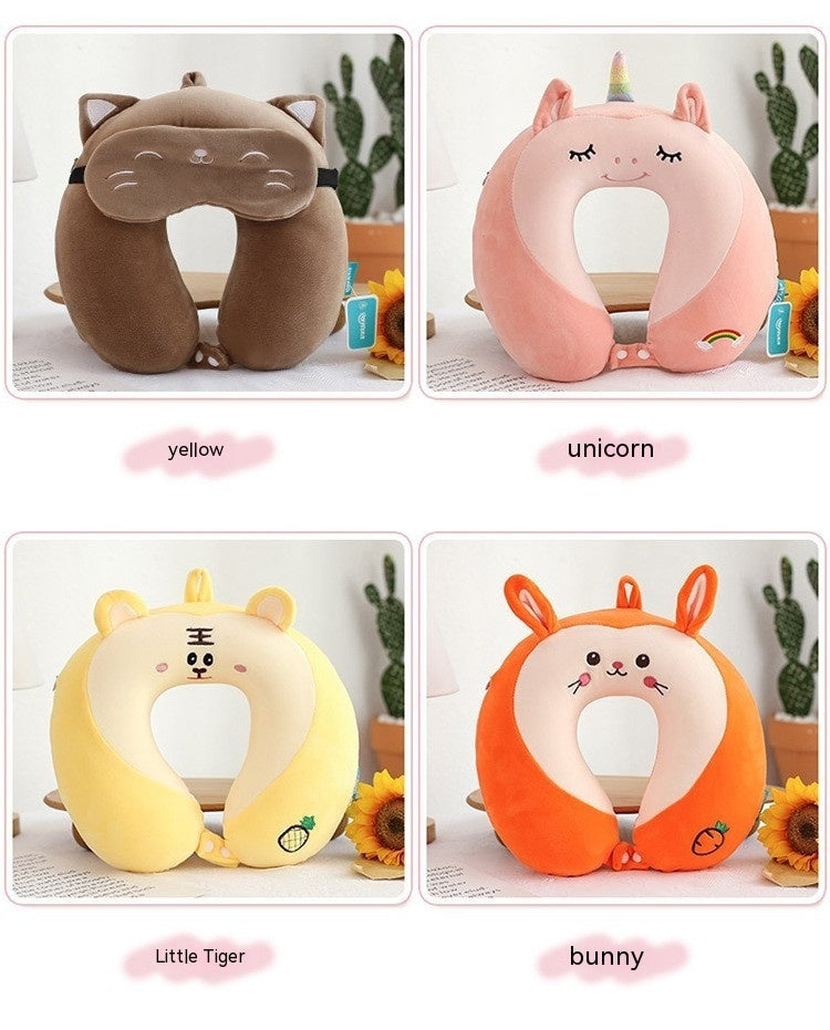 HKM-011283 U-shaped Memory Foam Cartoon Pillow - Cat Eye Mask, Unicorn, Frog, Rabbit, Monkey, Tiger Designs