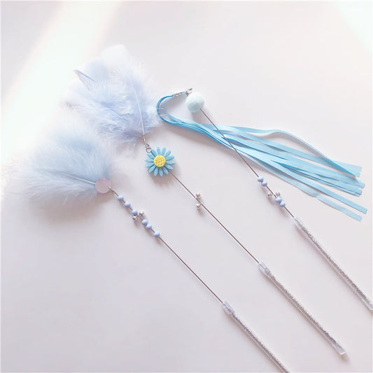HKM-011795 Colorful Feather Cat Teaser Wand Set with Long Tassels - 3 Pieces