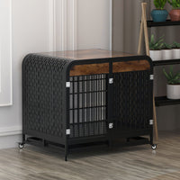 HKM-012307 Heavy Duty Wooden Dog Crate Table with Removable Trays and Lockable Wheels, 42-inch Brown for Medium and Large Dogs