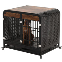 HKM-012307 Heavy Duty Wooden Dog Crate Table with Removable Trays and Lockable Wheels, 42-inch Brown for Medium and Large Dogs