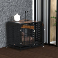 HKM-012307 Heavy Duty Wooden Dog Crate Table with Removable Trays and Lockable Wheels, 42-inch Brown for Medium and Large Dogs