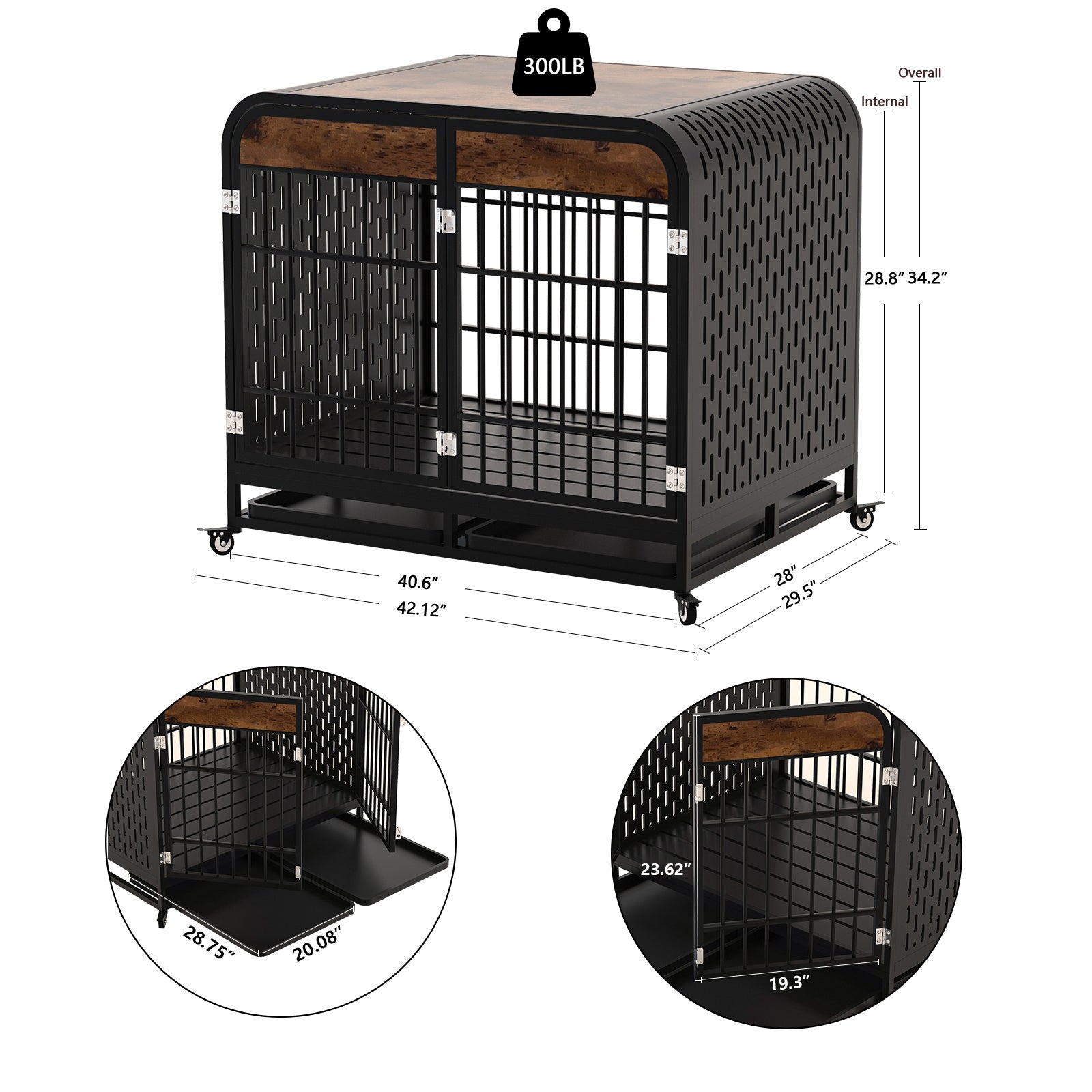 HKM-012307 Heavy Duty Wooden Dog Crate Table with Removable Trays and Lockable Wheels, 42-inch Brown for Medium and Large Dogs