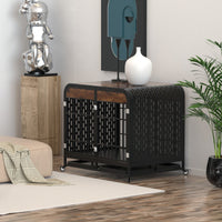 HKM-012307 Heavy Duty Wooden Dog Crate Table with Removable Trays and Lockable Wheels, 42-inch Brown for Medium and Large Dogs