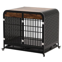HKM-012307 Heavy Duty Wooden Dog Crate Table with Removable Trays and Lockable Wheels, 42-inch Brown for Medium and Large Dogs