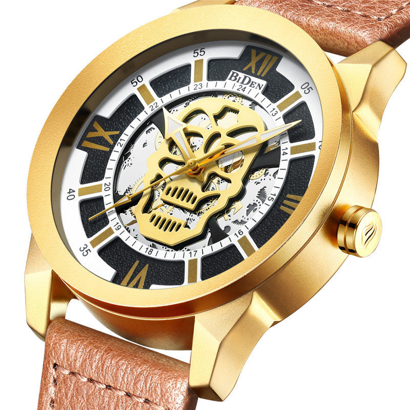 HKM-012819 Men's Casual Hollow Quartz Watch with Calendar Function, Waterproof Design, Brown and Black Strap 20m