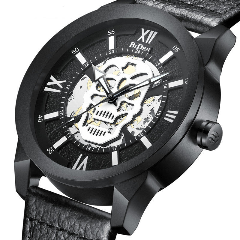 HKM-012819 Men's Casual Hollow Quartz Watch with Calendar Function, Waterproof Design, Brown and Black Strap 20m