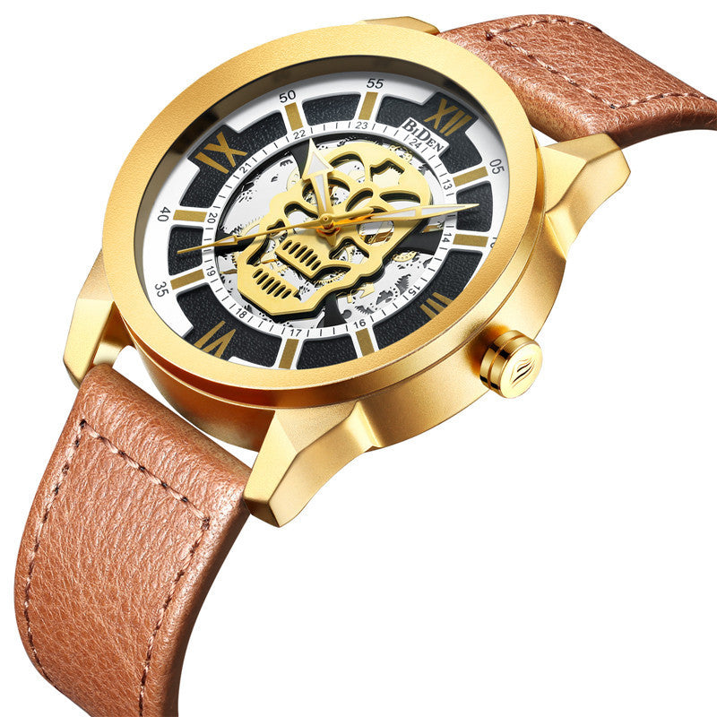 HKM-012819 Men's Casual Hollow Quartz Watch with Calendar Function, Waterproof Design, Brown and Black Strap 20m