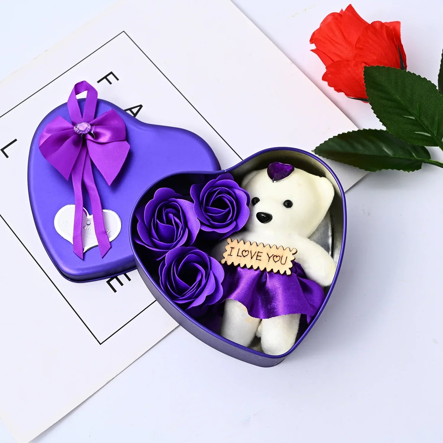 HKM-013139 Creative Soap Flower Gift Box with Plush Bear and Heart Shaped Iron Box for Valentine's Day