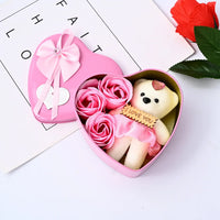 HKM-013139 Creative Soap Flower Gift Box with Plush Bear and Heart Shaped Iron Box for Valentine's Day