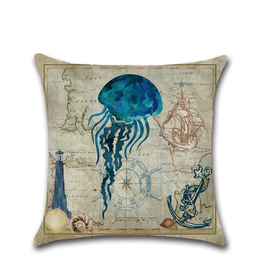 HKM-013139 Marine Life Cartoon Pillowcases - Sea Turtle, Swordfish, Starfish, Jellyfish, Octopus, Sea Fish - 45x45 cm