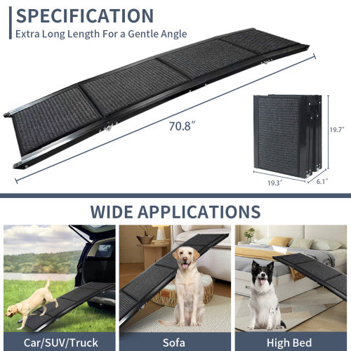 HKM-013971 Portable Folding Dog Ramp for Cars - 63" Long, 17" Wide, Non-Slip Surface, Supports Up to 250LBS