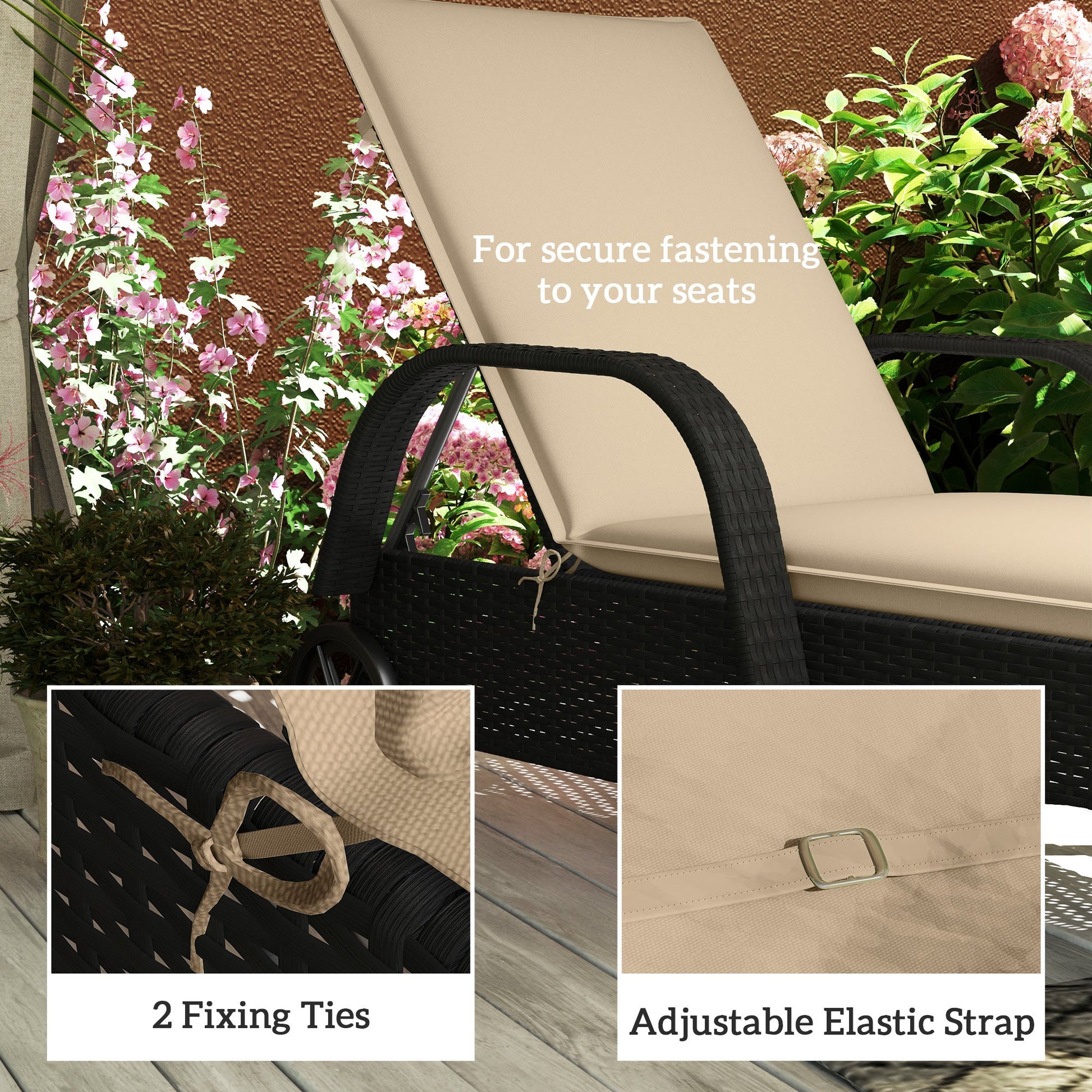 HKM-014995 Beige Foldable Outdoor Lounge Chair Cushion Set of 2, UV-Resistant and Splash-Proof, 76"x23" Dimensions