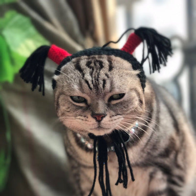 HKM-015123 Cat Halloween Hood Hat - Adjustable Black Pet Headgear with 10CM Braid for Festive Fun