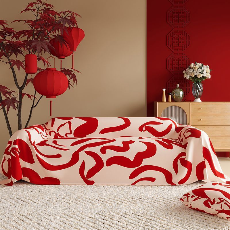 HKM-015507 New Chinese Style Red Polyester Sofa Cover with Floral Pattern for Wedding Decor