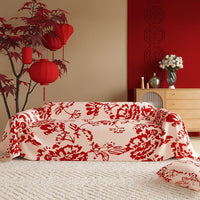HKM-015507 New Chinese Style Red Polyester Sofa Cover with Floral Pattern for Wedding Decor