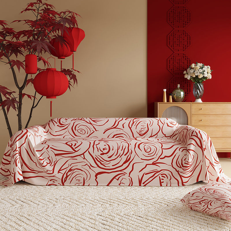 HKM-015507 New Chinese Style Red Polyester Sofa Cover with Floral Pattern for Wedding Decor