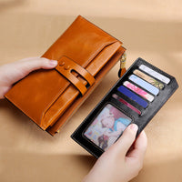 HKM-015635 Buckle Closure Long Oil Wax Leather Wallet with Multiple Card Slots and Cash Clip