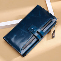 HKM-015635 Buckle Closure Long Oil Wax Leather Wallet with Multiple Card Slots and Cash Clip
