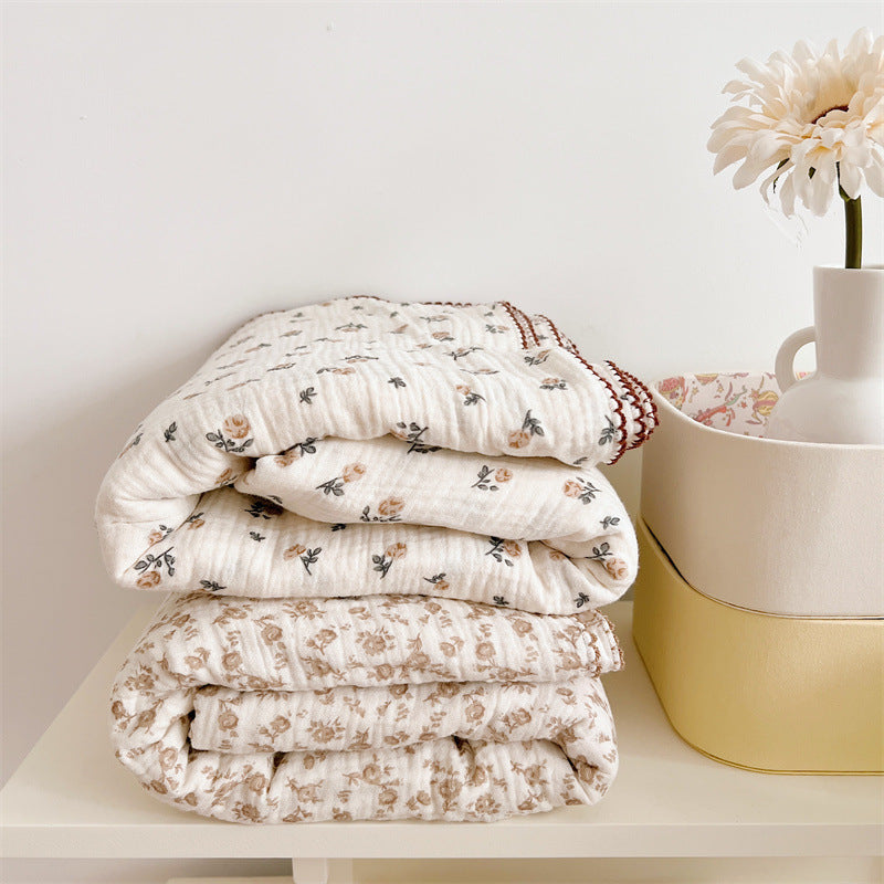 HKM-016083 Cotton Gauze Floral Summer Quilt Set with Matching Pillow, Machine Washable, Available in Multiple Sizes