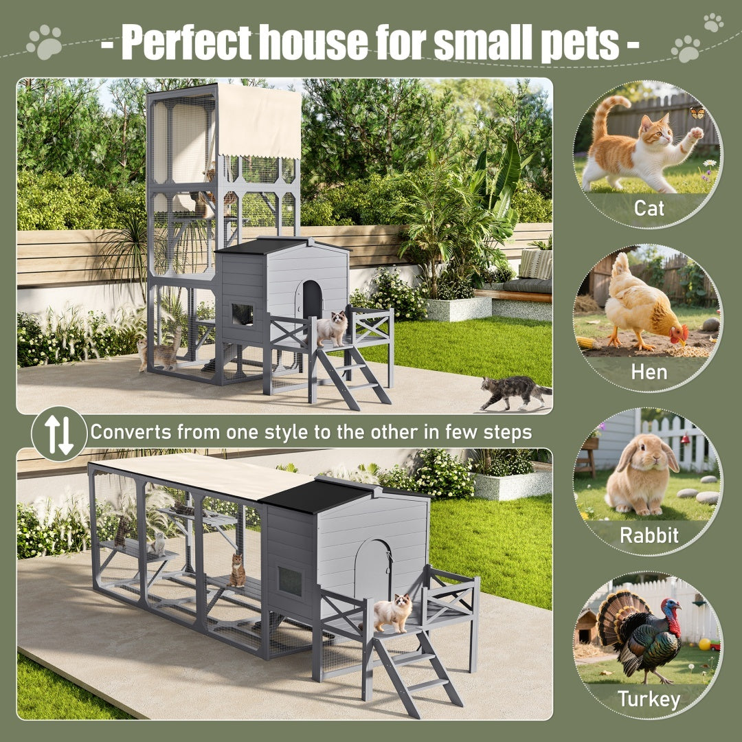 HKM-016915 Outdoor Cat Enclosure with Jumping Platforms and Swing, UV Resistant Wooden Cat House, Removable Waterproof Canopy, Gray