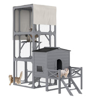 HKM-016915 Outdoor Cat Enclosure with Jumping Platforms and Swing, UV Resistant Wooden Cat House, Removable Waterproof Canopy, Gray