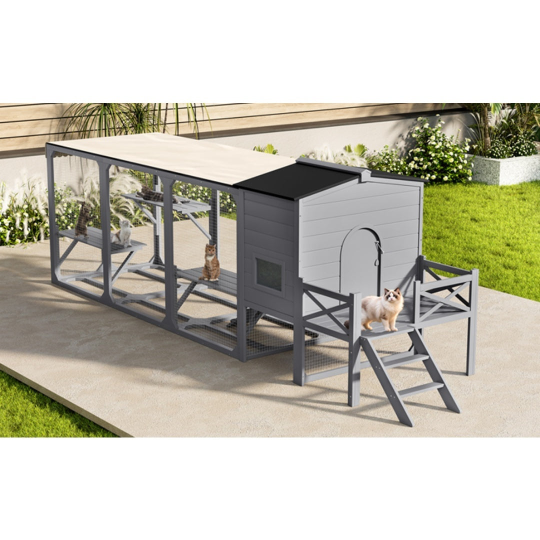 HKM-016915 Outdoor Cat Enclosure with Jumping Platforms and Swing, UV Resistant Wooden Cat House, Removable Waterproof Canopy, Gray