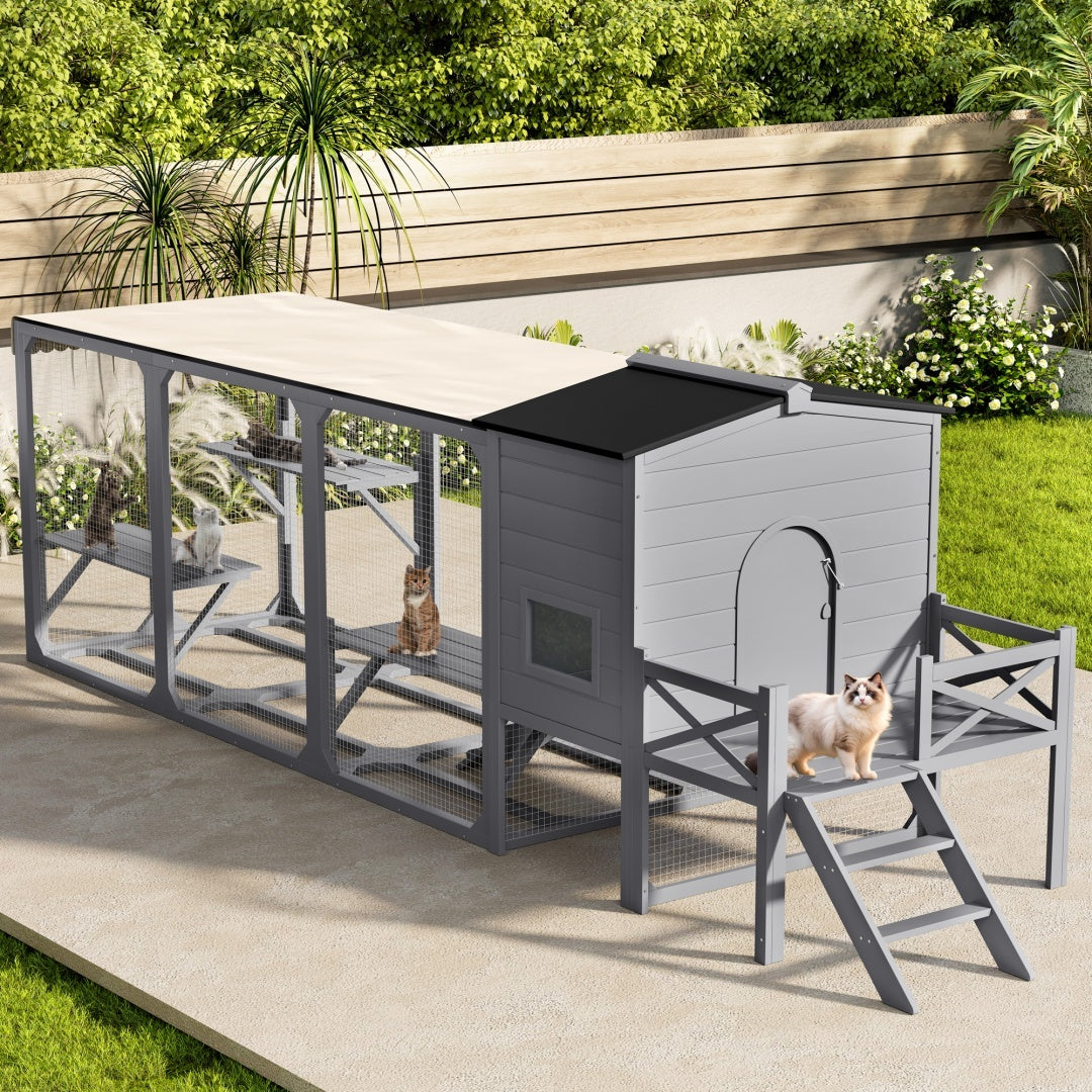 HKM-016915 Outdoor Cat Enclosure with Jumping Platforms and Swing, UV Resistant Wooden Cat House, Removable Waterproof Canopy, Gray