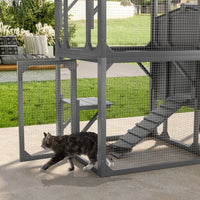 HKM-016915 Outdoor Cat Enclosure with Jumping Platforms and Swing, UV Resistant Wooden Cat House, Removable Waterproof Canopy, Gray