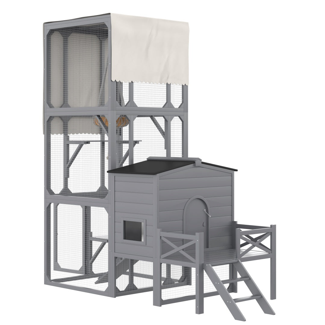 HKM-016915 Outdoor Cat Enclosure with Jumping Platforms and Swing, UV Resistant Wooden Cat House, Removable Waterproof Canopy, Gray