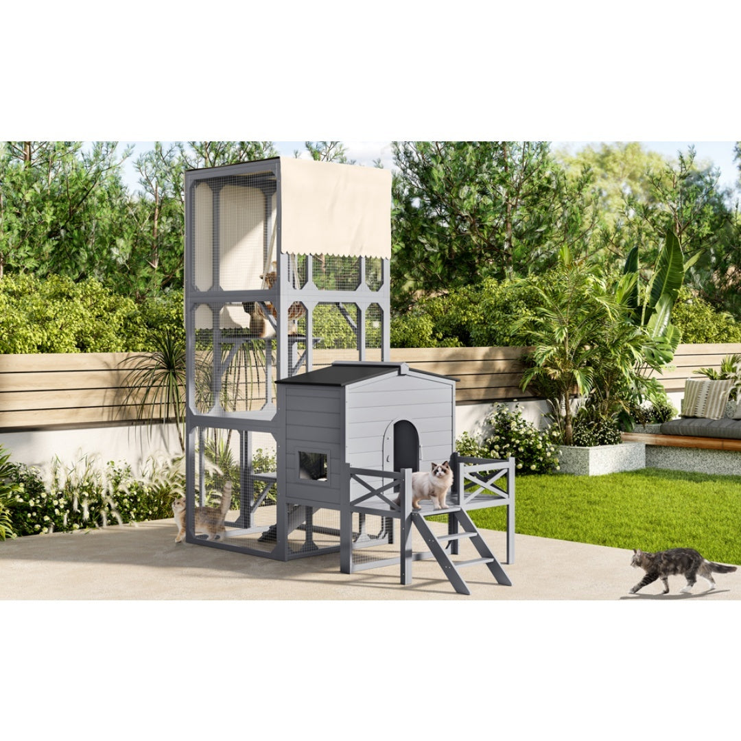 HKM-016915 Outdoor Cat Enclosure with Jumping Platforms and Swing, UV Resistant Wooden Cat House, Removable Waterproof Canopy, Gray