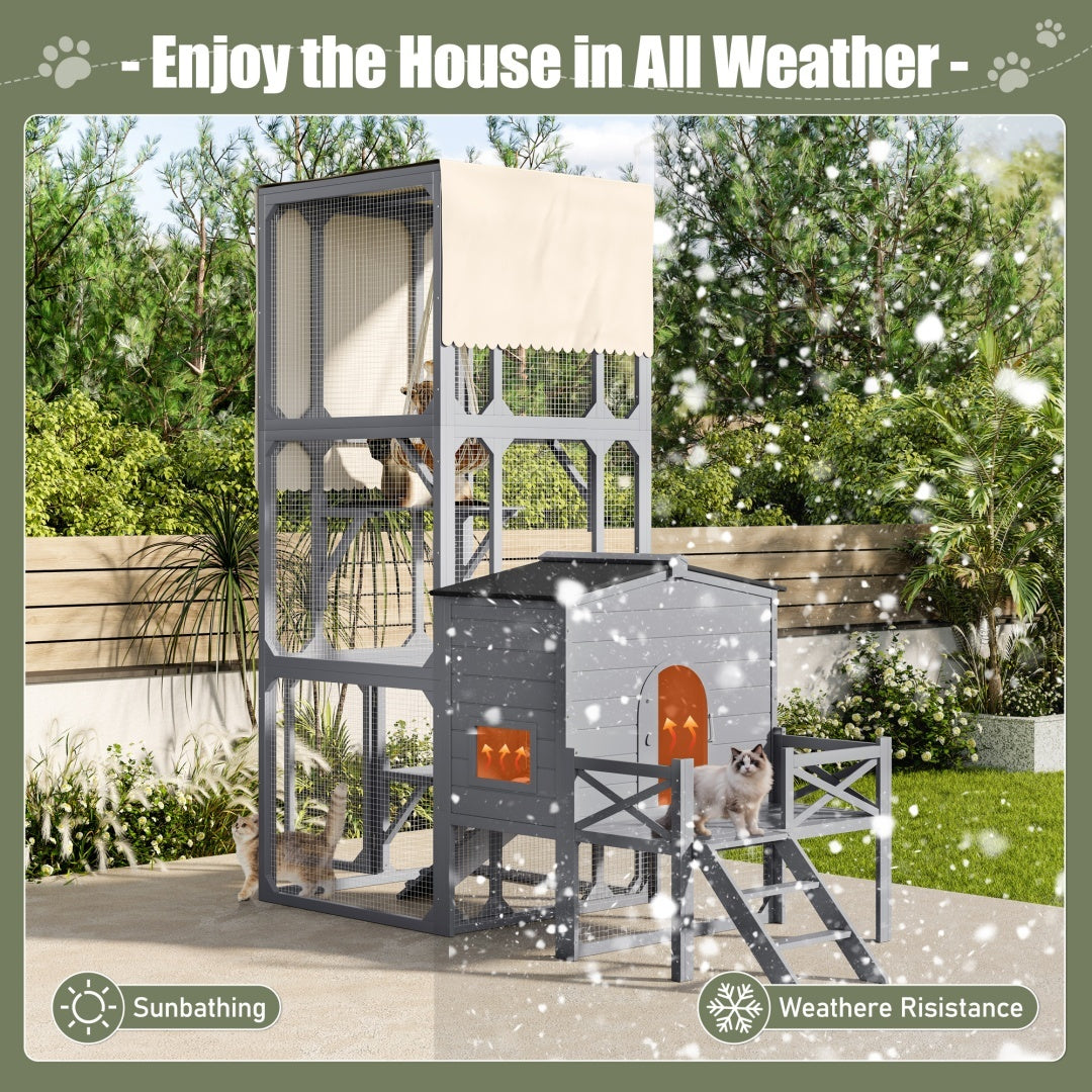 HKM-016915 Outdoor Cat Enclosure with Jumping Platforms and Swing, UV Resistant Wooden Cat House, Removable Waterproof Canopy, Gray