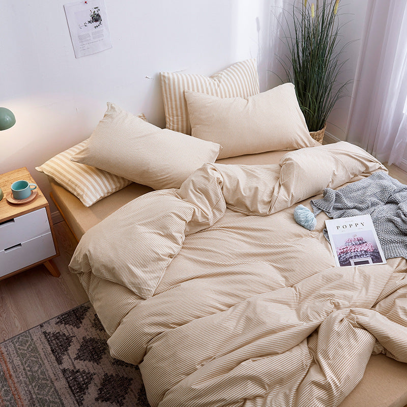 HKM-018387 Japanese-Style Tianzhu Cotton Striped Knitted Bedding Set - 4 Pieces for 1.8m Bed