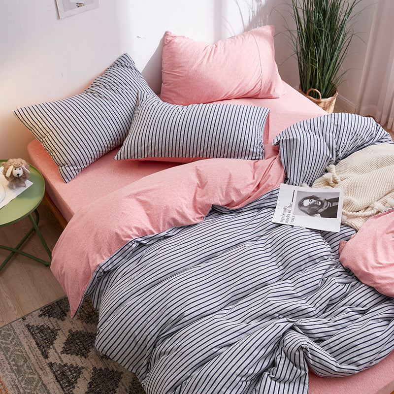 HKM-018387 Japanese-Style Tianzhu Cotton Striped Knitted Bedding Set - 4 Pieces for 1.8m Bed