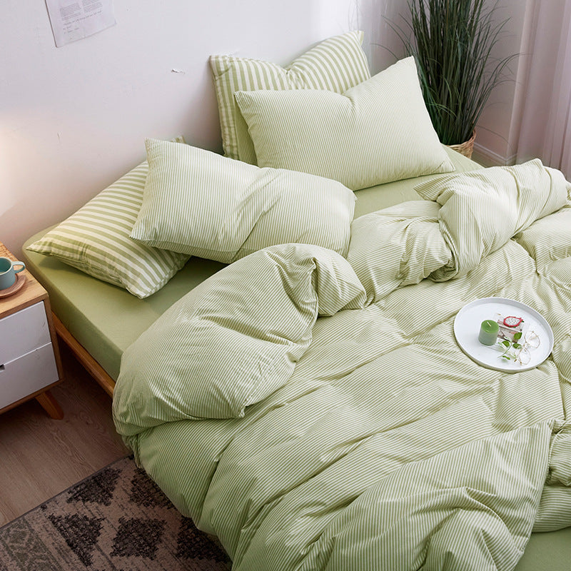 HKM-018387 Japanese-Style Tianzhu Cotton Striped Knitted Bedding Set - 4 Pieces for 1.8m Bed
