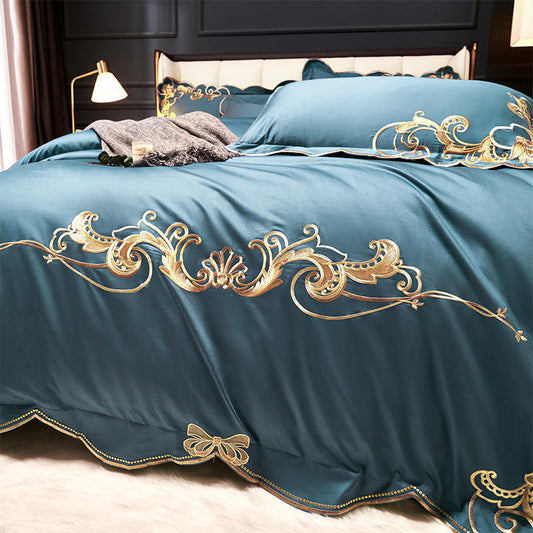 HKM-018387 Solid Color Embroidered Velvet Four-Piece Bed Sheet Set in Various Sizes