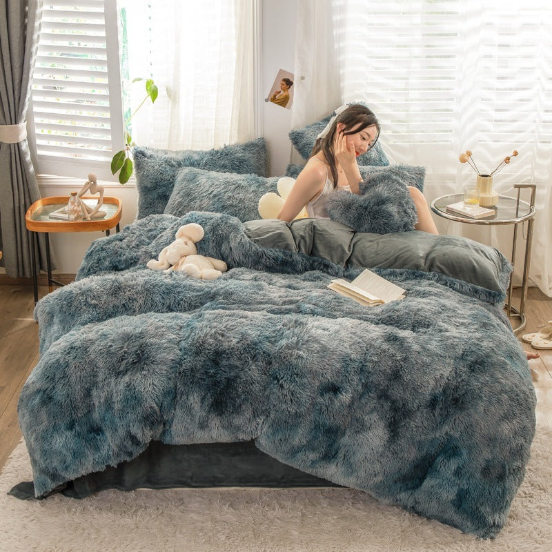 HKM-019219 Mink Velvet Four-Piece Thickened Warm Bedding Set - Princess Style with Colorful Prints