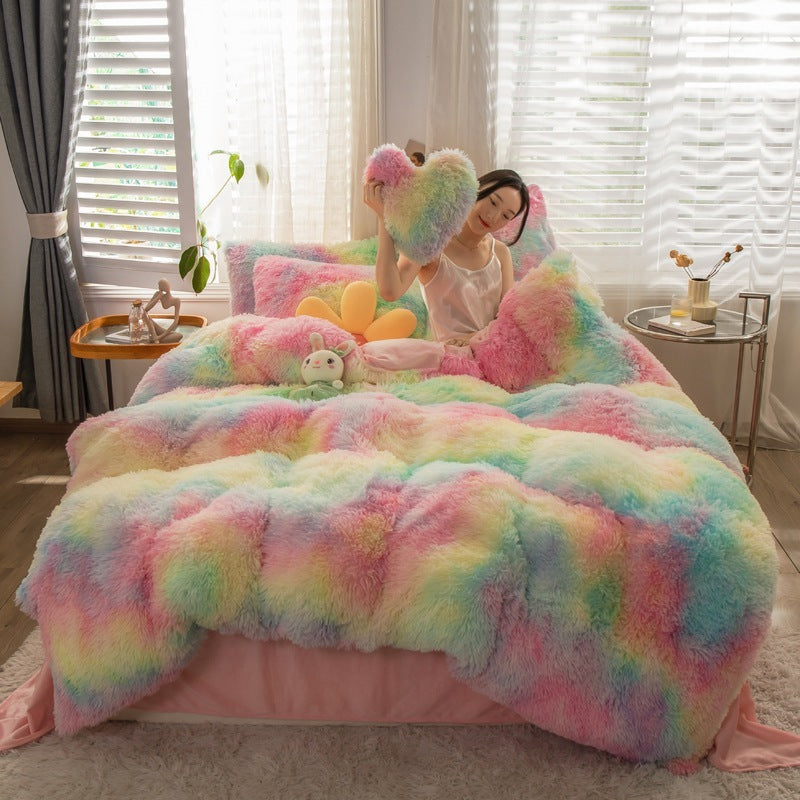 HKM-019219 Mink Velvet Four-Piece Thickened Warm Bedding Set - Princess Style with Colorful Prints