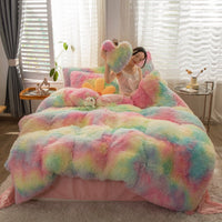 HKM-019219 Mink Velvet Four-Piece Thickened Warm Bedding Set - Princess Style with Colorful Prints