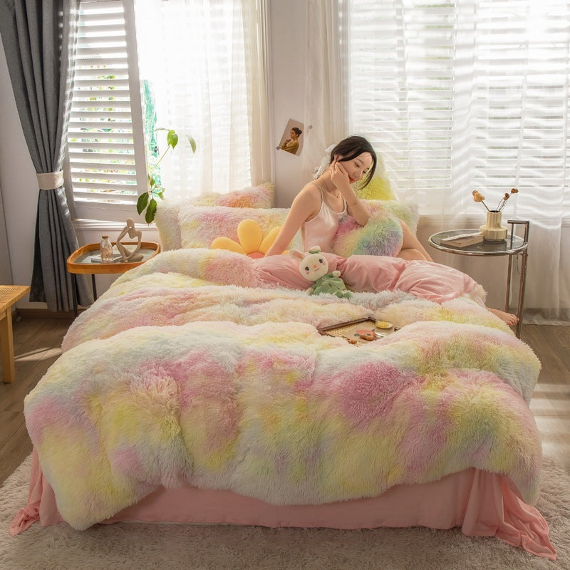 HKM-019219 Mink Velvet Four-Piece Thickened Warm Bedding Set - Princess Style with Colorful Prints