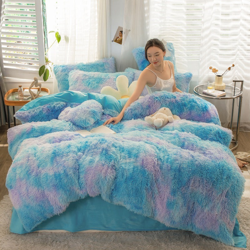 HKM-019219 Mink Velvet Four-Piece Thickened Warm Bedding Set - Princess Style with Colorful Prints
