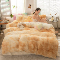 HKM-019219 Mink Velvet Four-Piece Thickened Warm Bedding Set - Princess Style with Colorful Prints