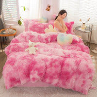 HKM-019219 Mink Velvet Four-Piece Thickened Warm Bedding Set - Princess Style with Colorful Prints