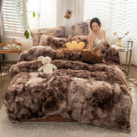 HKM-019219 Mink Velvet Four-Piece Thickened Warm Bedding Set - Princess Style with Colorful Prints